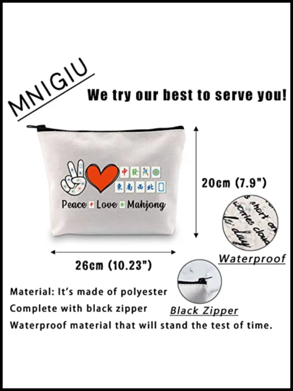 Funny Mahjong Waterproof Toiletry Cosmetic Bag Polyester Zip Pouch